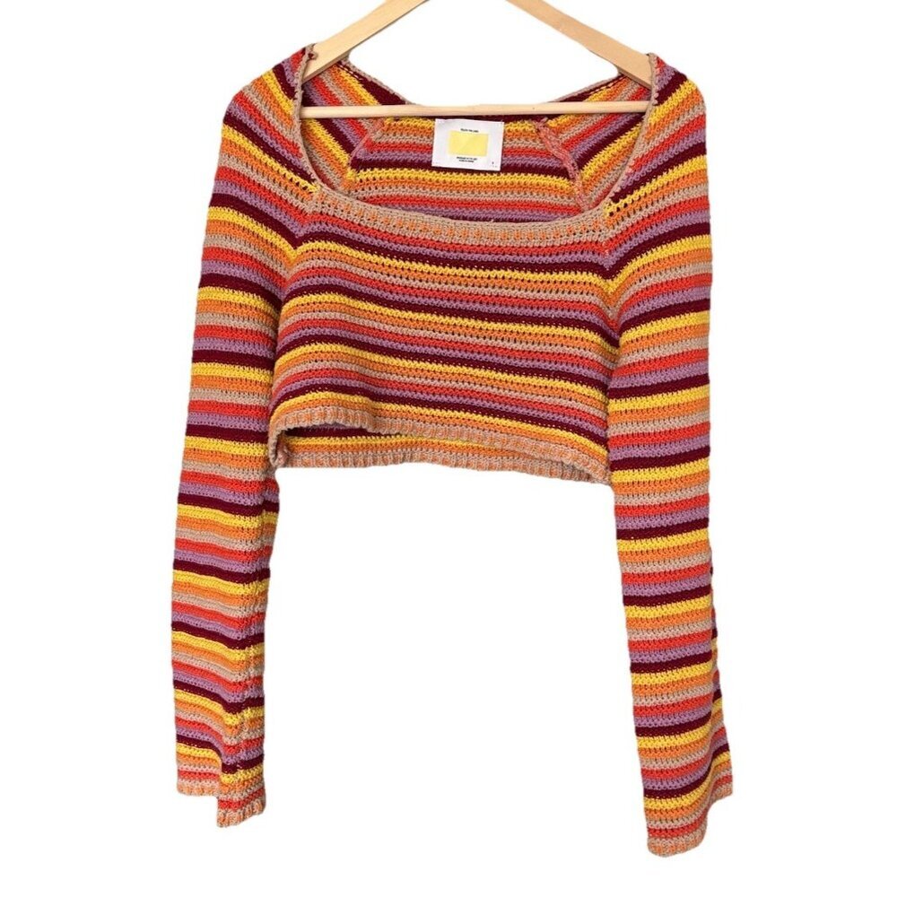 Yellow the Label Womens Crochet Sweater Top Cropped Sz SMALL Hippie Boho Rainbow